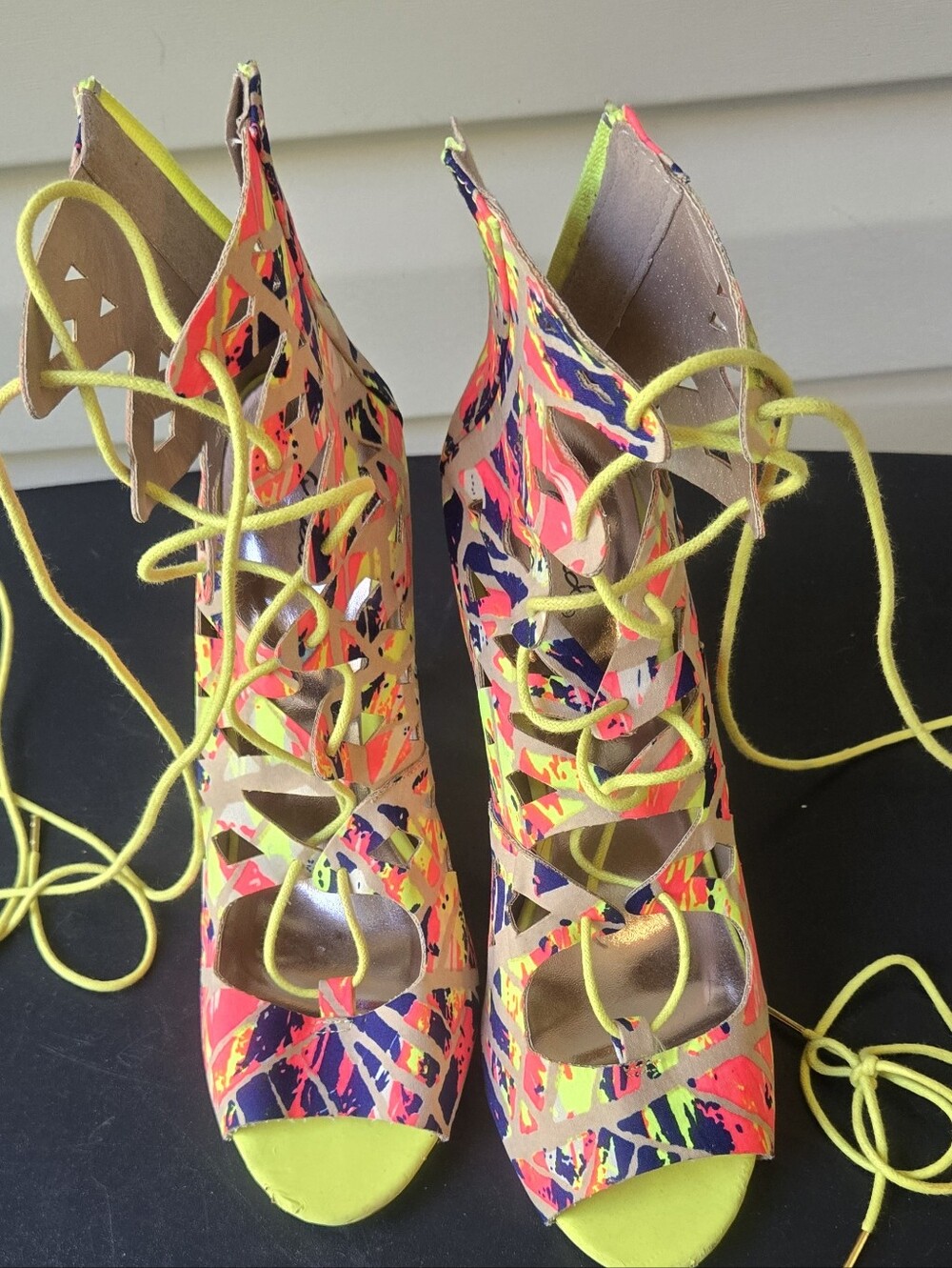 Neon Multi-Color Lace-Up Peep Toe Heels - Women